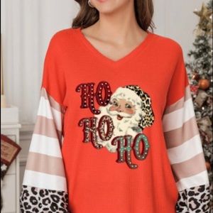 Leopard Letter Christmas Print Waffle Knit Shirt